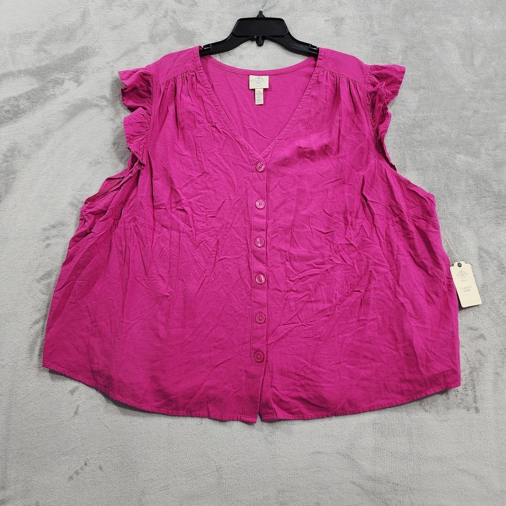NEW St. John's Bay Top Womens 3X Pink Linen Blend Button Front Ruffle Sleeve